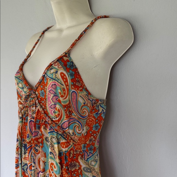 World Market orange blue paisley print braided spaghetti strap maxi dress S/M - Picture 5 of 11